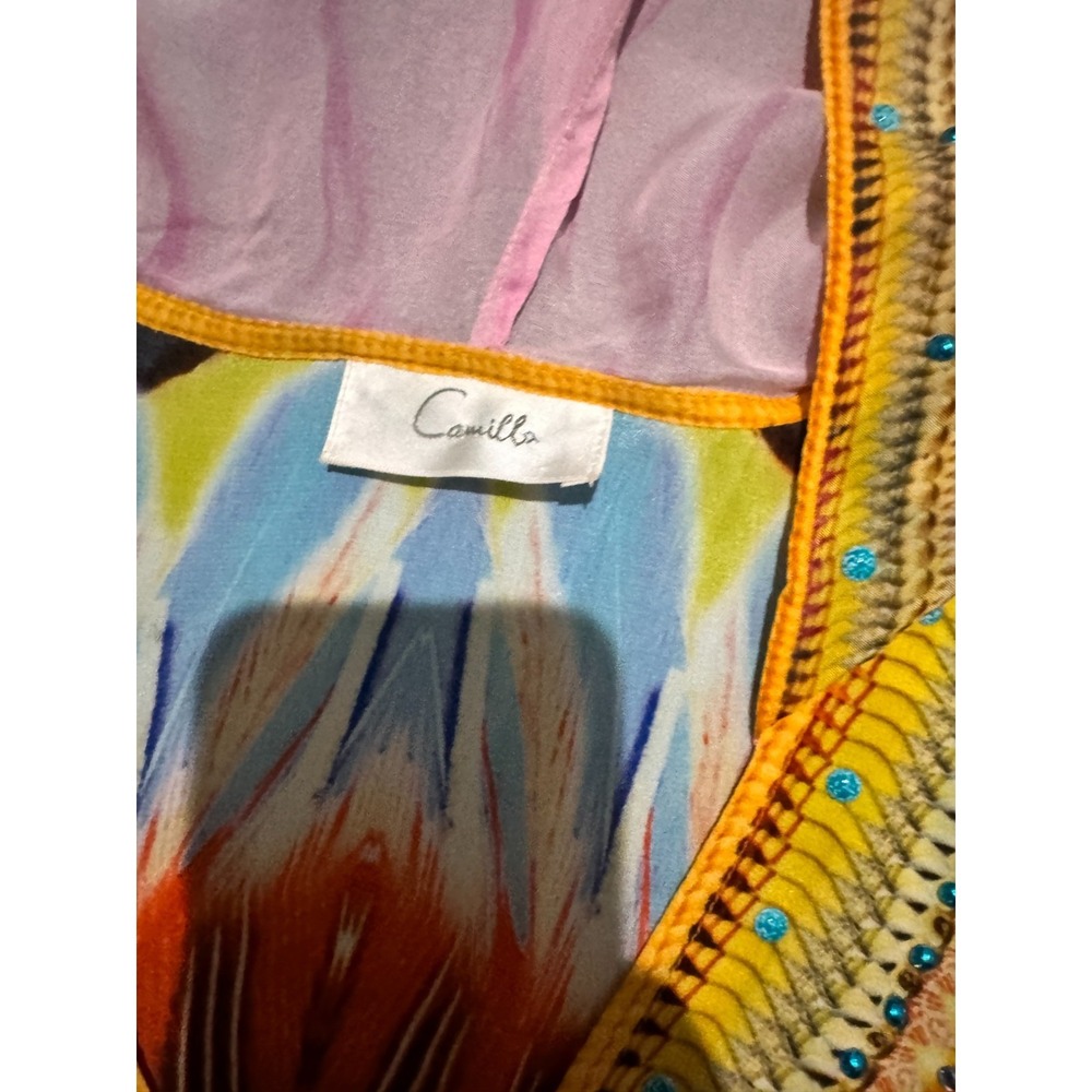 CAMILLA Beaded Hooded Silk Kaftan Tunic Top Silk Boho Luxe Vibrant Color $850 - Picture 6 of 8
